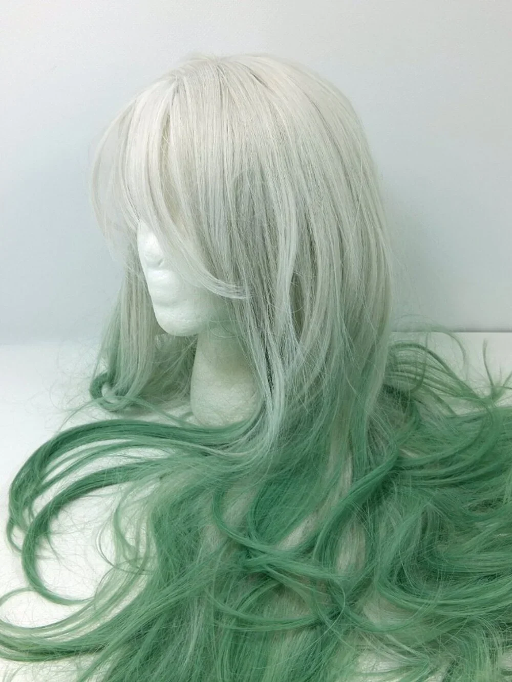 Long Layered Wig White Blond Gradient Pastel Green